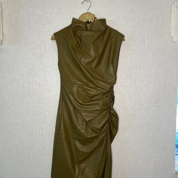 ANTHROPOLIGIE Maya Ruched Cowl-Neck Dress: Faux Leather Edition/ SIZE: 2 - Picture 4 of 6